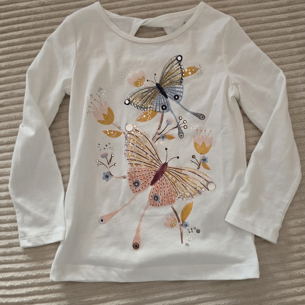 Butterfly Print Kids Shirt With Back Twist Opening - White